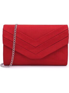 Women's Red Suede Pleated Clutch Purse For Evening Cross Body Bag Chain